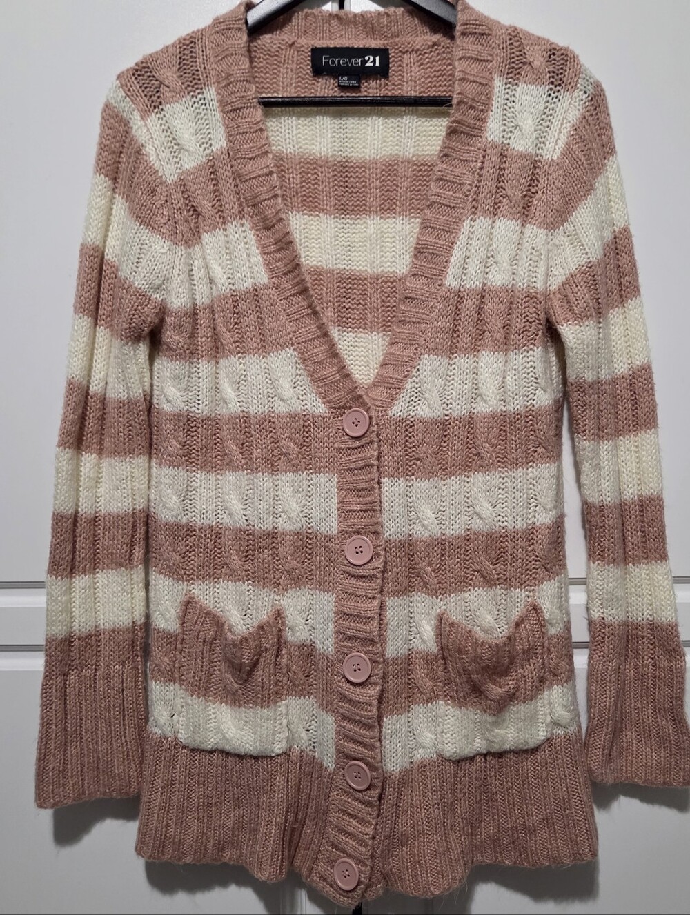 Forever 21 Pink Cream Striped Cardigan Sweater Chunky Knit Button Front Pockets